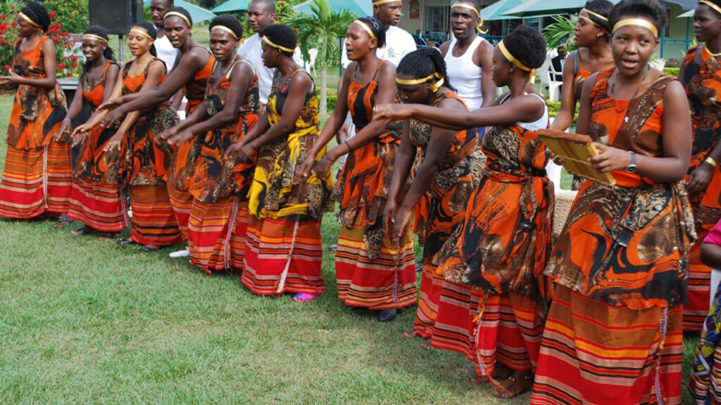 Banyankole cultural dancers in traditional performance dress