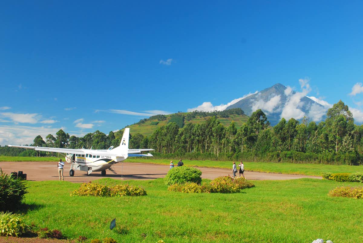 Light safari aircraft at an airstrip near Bwindi Impenetrable National Park in Uganda